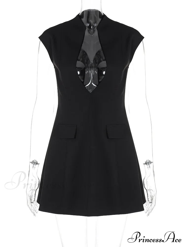 Black Deep Neck Charming Short Sleeve Mini Dress