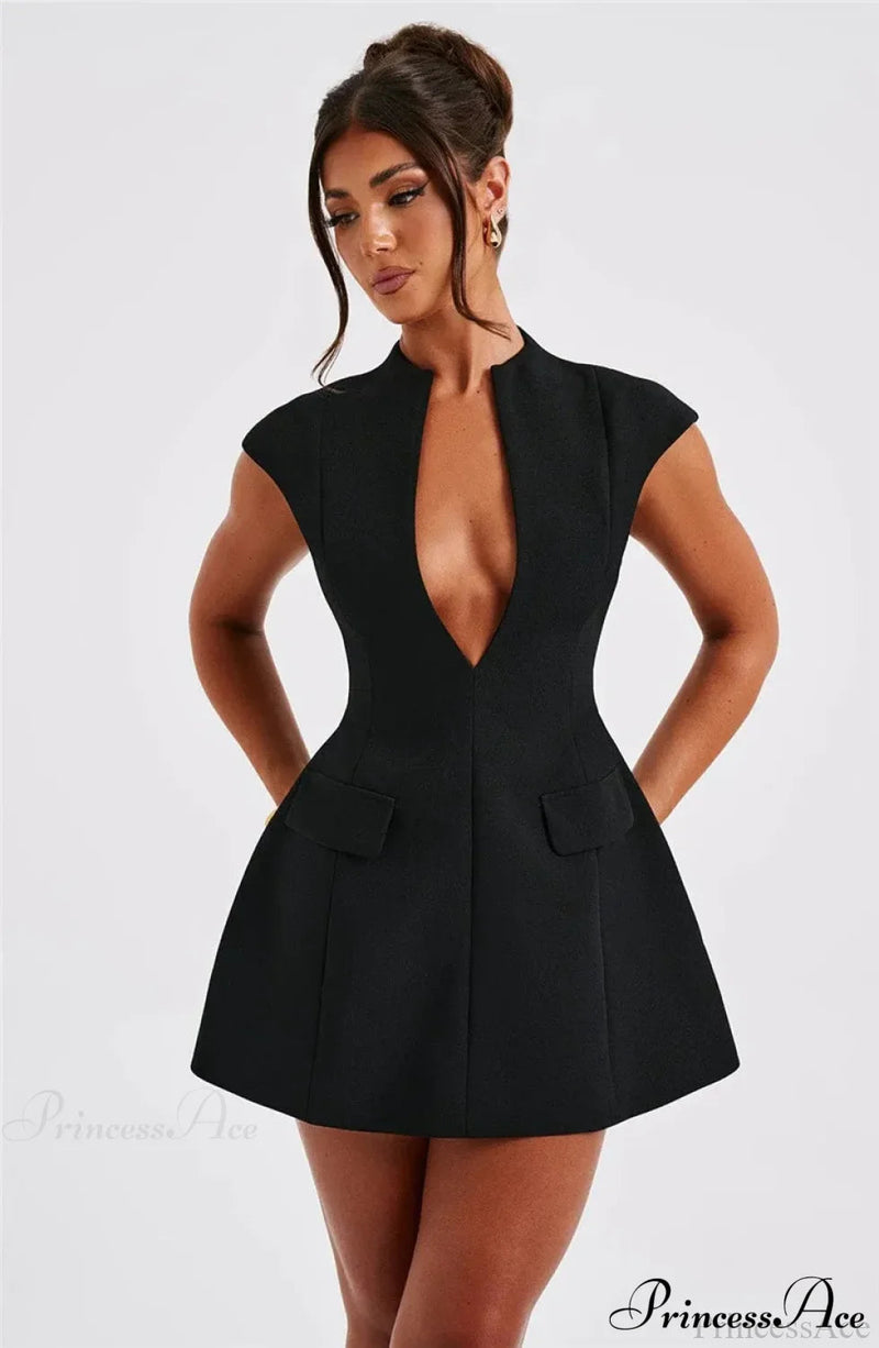 Black Deep Neck Mini Dress