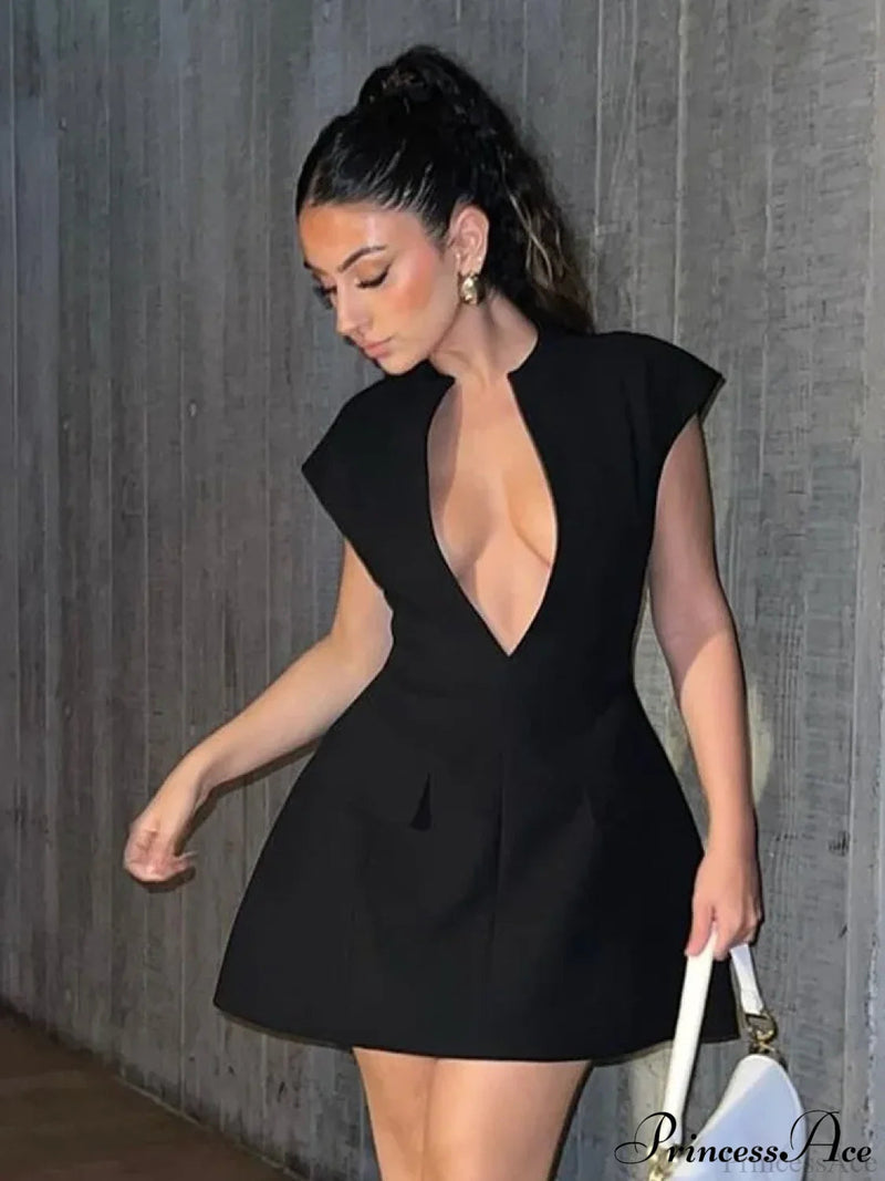 Black Deep Neck Mini Dress