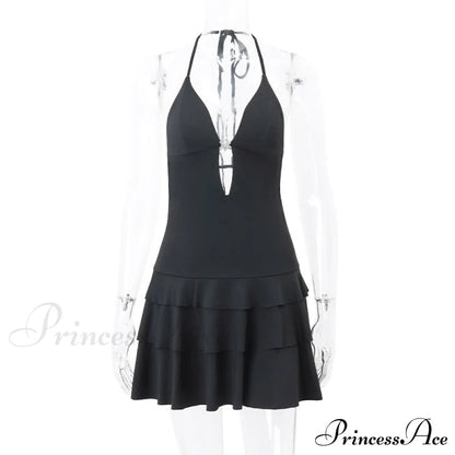 Black Deep V-neck Charming Backless Frill Mini Dress
