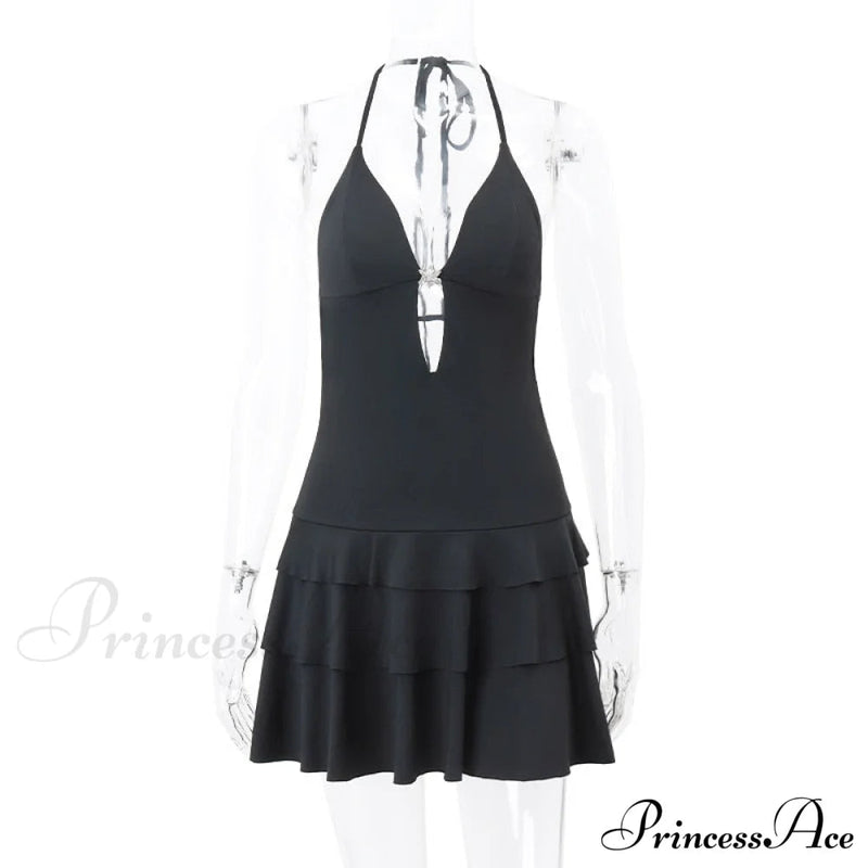 Black Deep V-neck Charming Backless Frill Mini Dress