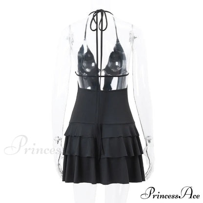 Black Deep V-neck Charming Backless Frill Mini Dress