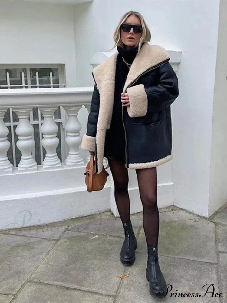Black Faux Leather Charming Fur Lining Coat