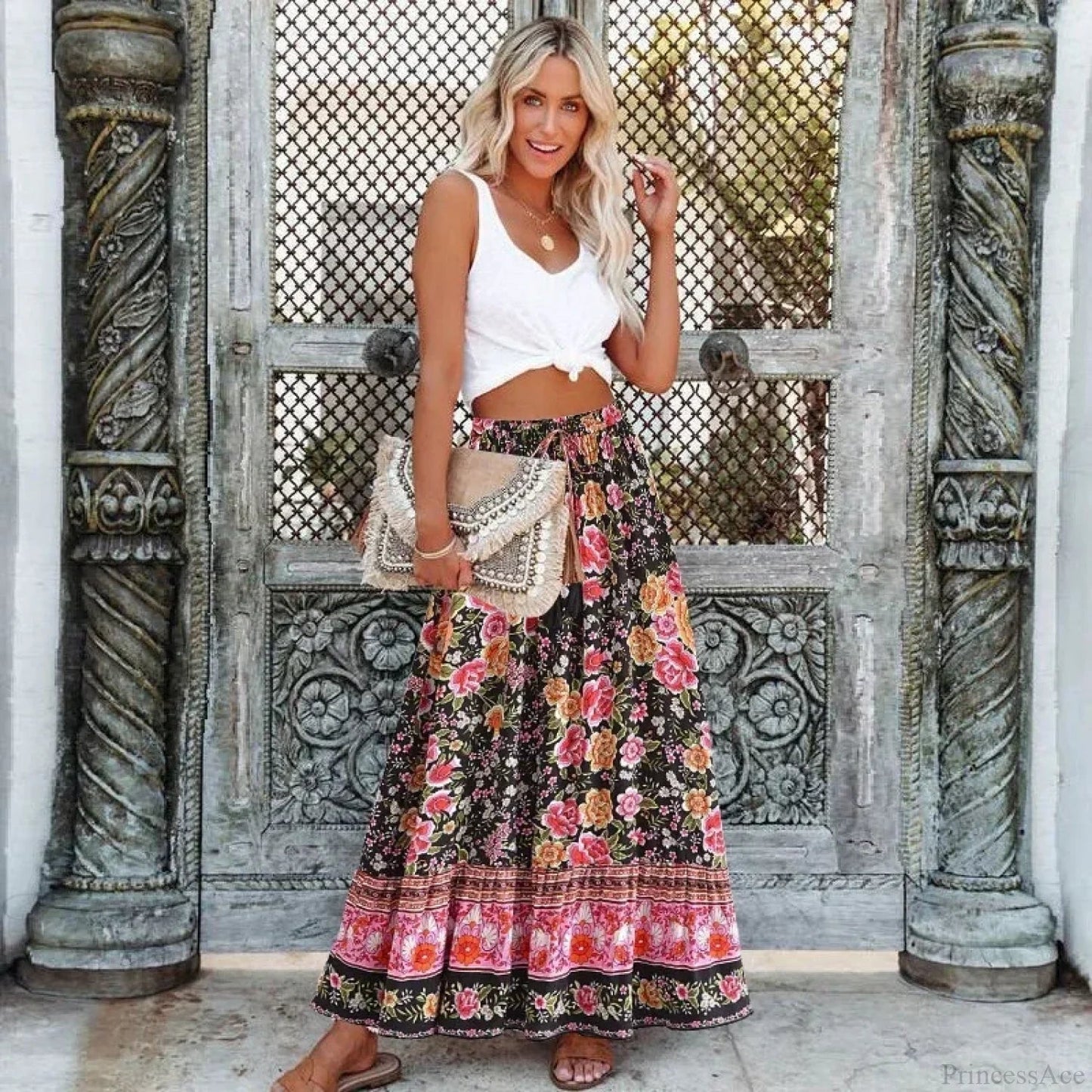 Black Print Pleated Skirt Elastic Waist A-line Rayon Maxi