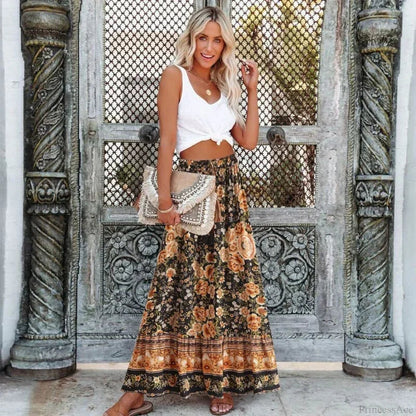 Black Print Pleated Skirt Elastic Waist A-line Rayon Maxi