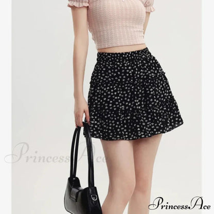 Black Sweet Pleated Kawaii Patchwork Skirt