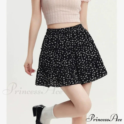 Black Sweet Pleated Kawaii Patchwork Skirt