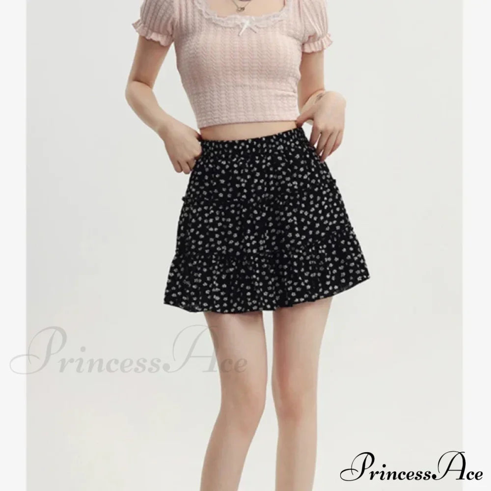 Black Sweet Pleated Kawaii Patchwork Skirt