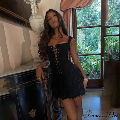 Black Front Stylish Lace-up Mini Dress