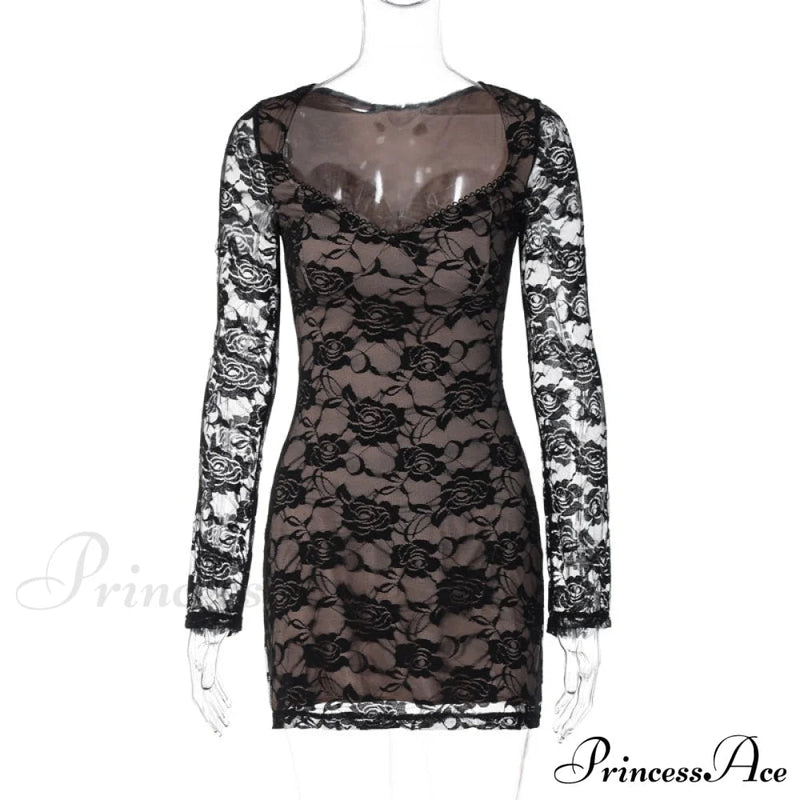 Black Lace Layered Charming Long Sleeve Mini Dress