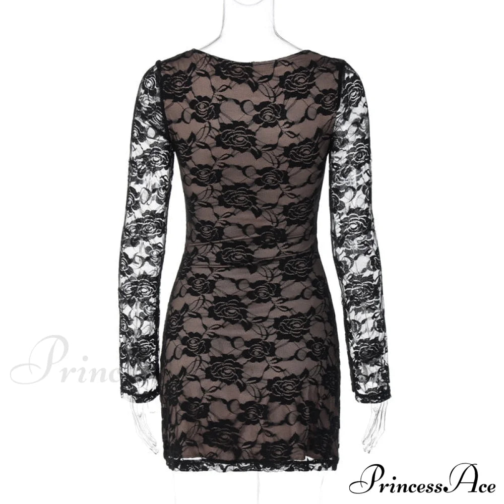 Black Lace Layered Charming Long Sleeve Mini Dress