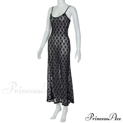 Black Lace Mesh Charming Strap Midi Dress