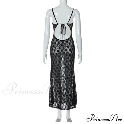 Black Lace Mesh Charming Strap Midi Dress