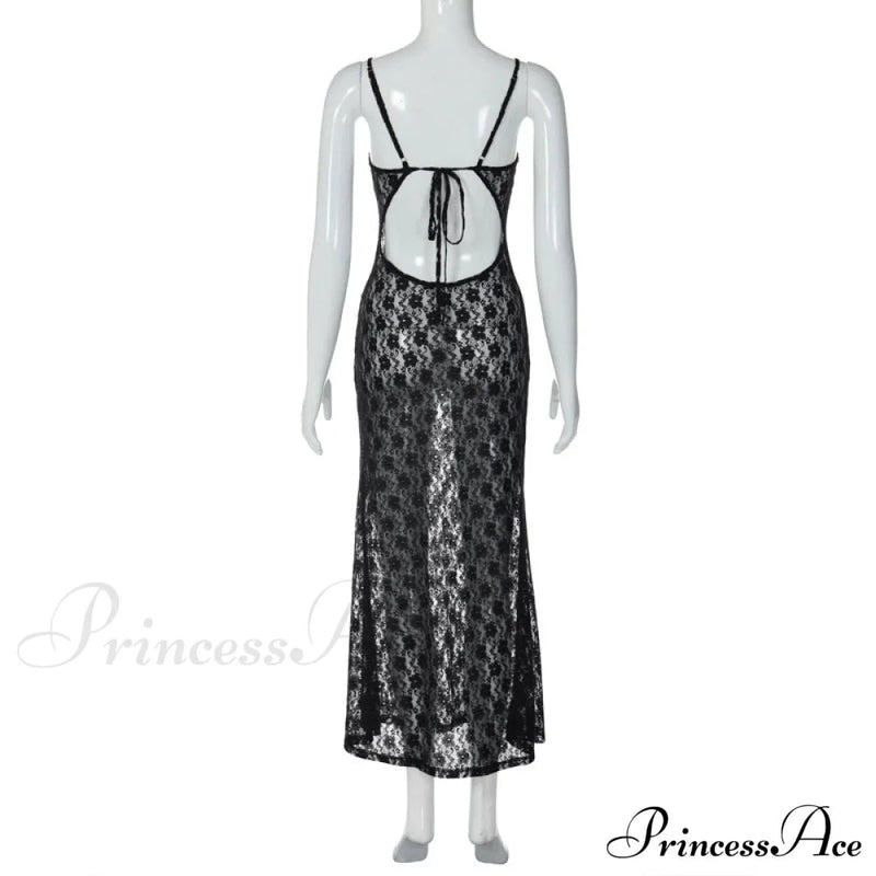 Black Lace Mesh Charming Strap Midi Dress