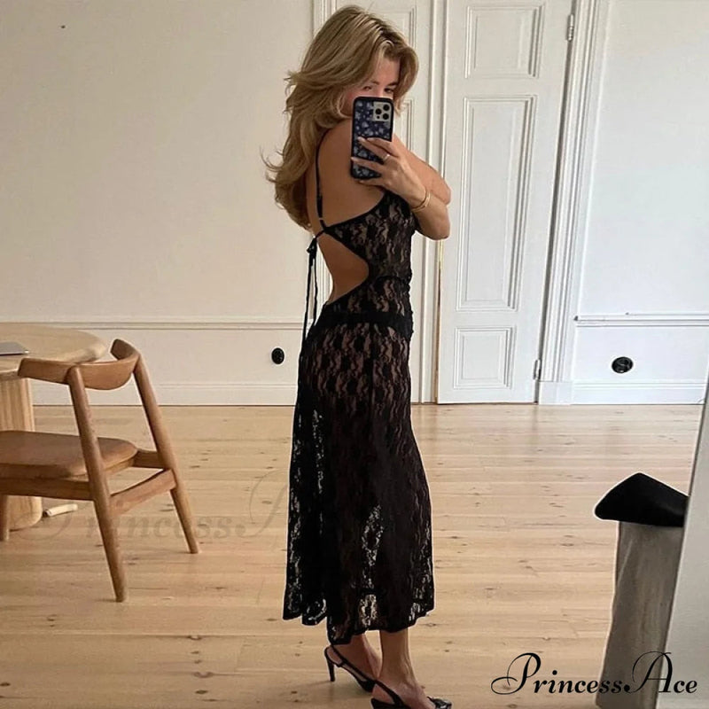 Black Lace Mesh Charming Strap Midi Dress
