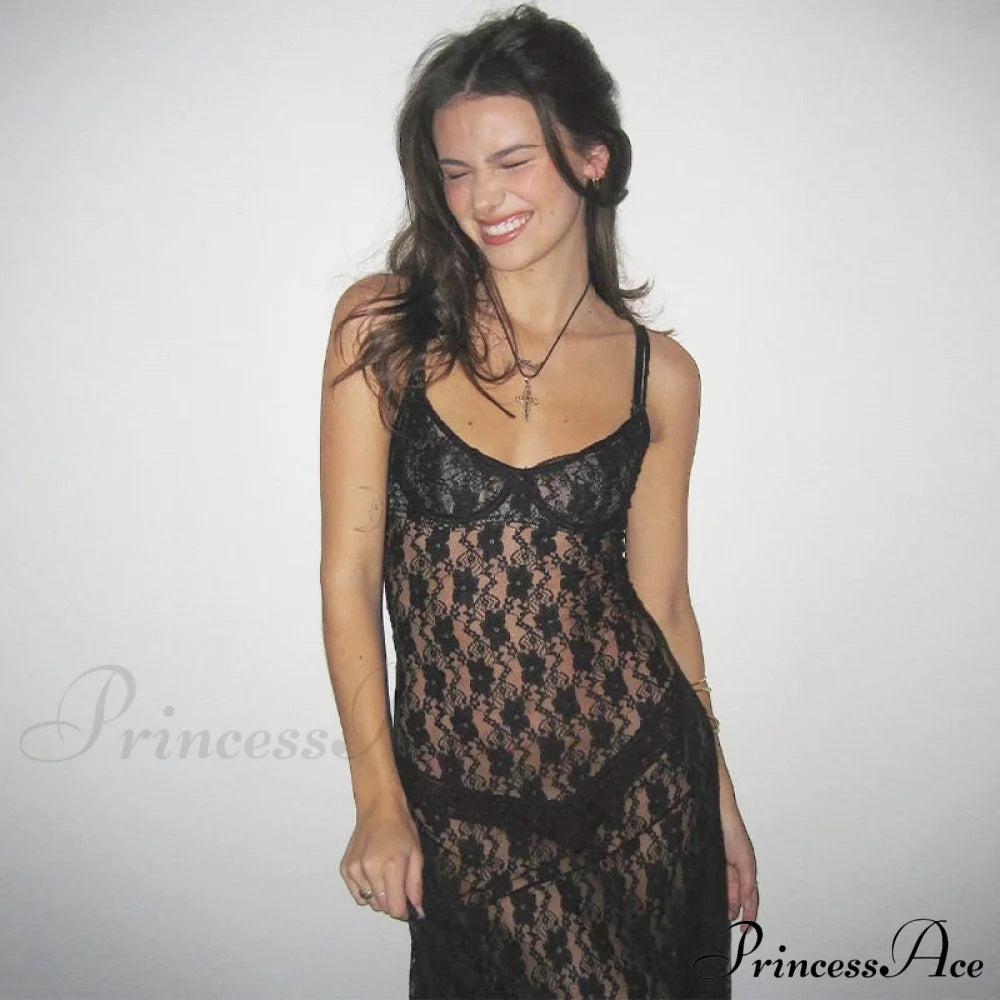 Black Lace Mesh Charming Strap Midi Dress