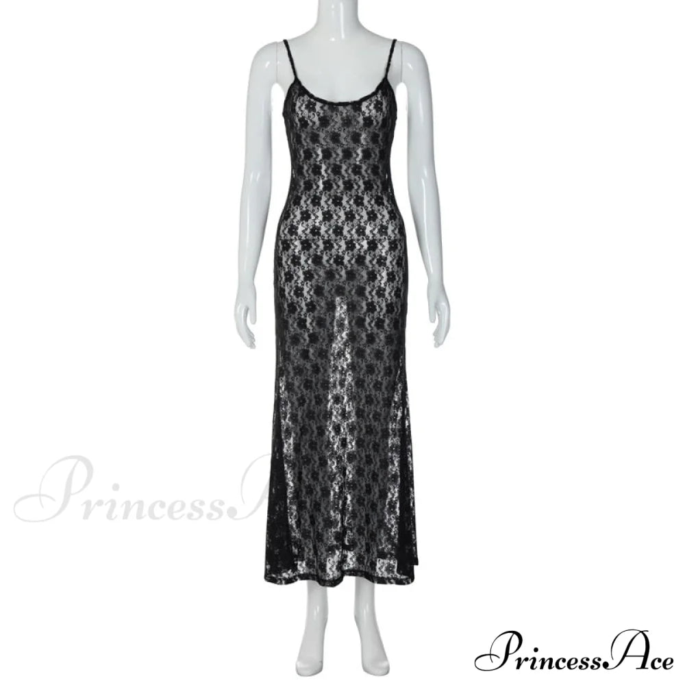 Black Lace Mesh Charming Strap Midi Dress
