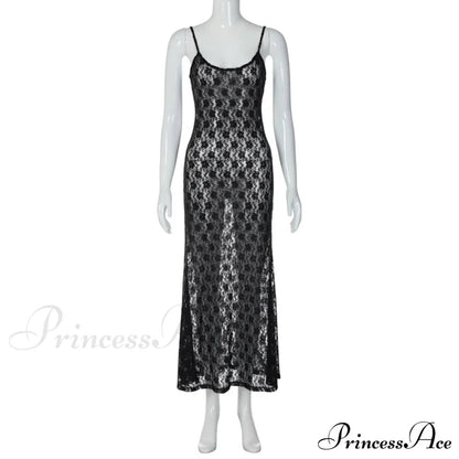 Black Lace Mesh Charming Strap Midi Dress