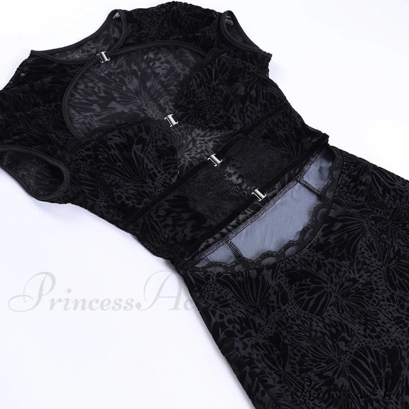 Black Lace Sheer Front Cut Out Design Short Sleeve Mini Dress