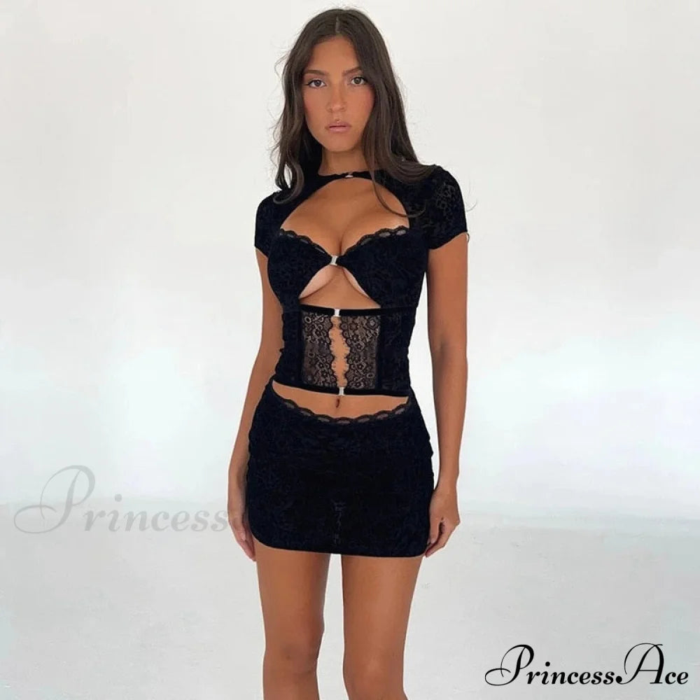 Black Lace Sheer Front Cut Out Design Short Sleeve Mini Dress