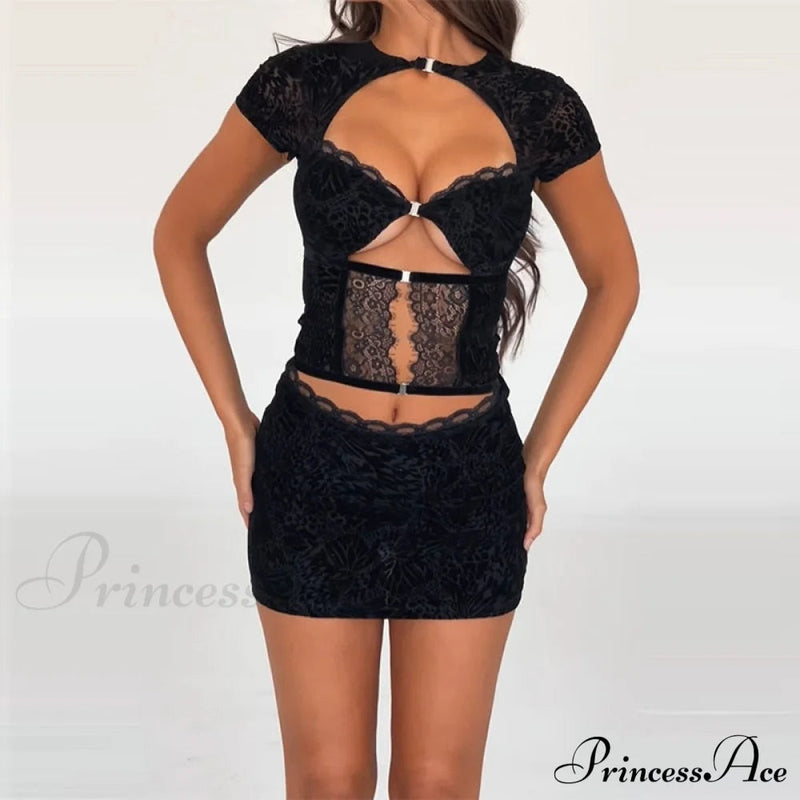 Black Lace Sheer Front Cut Out Design Short Sleeve Mini Dress