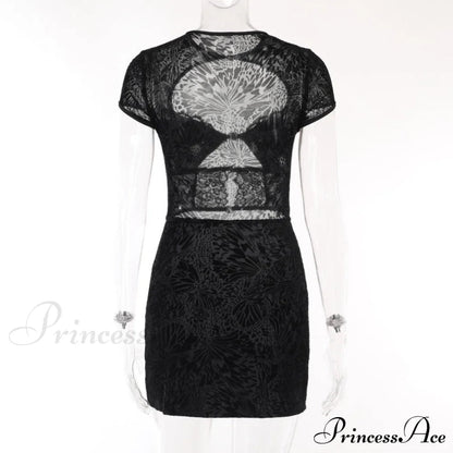 Black Lace Sheer Front Cut Out Design Short Sleeve Mini Dress