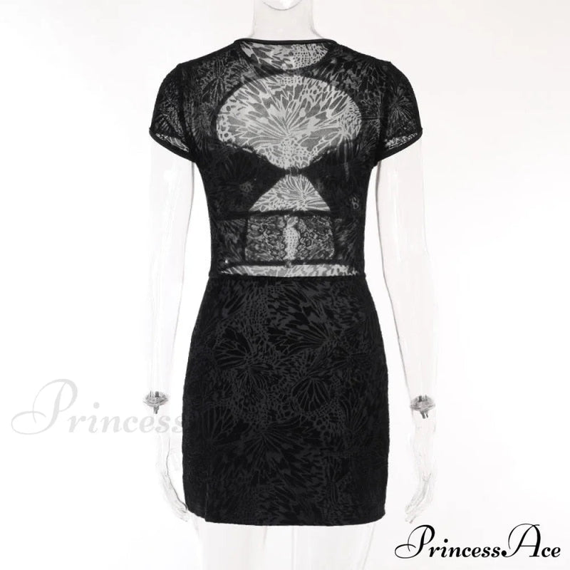Black Lace Sheer Front Cut Out Design Short Sleeve Mini Dress