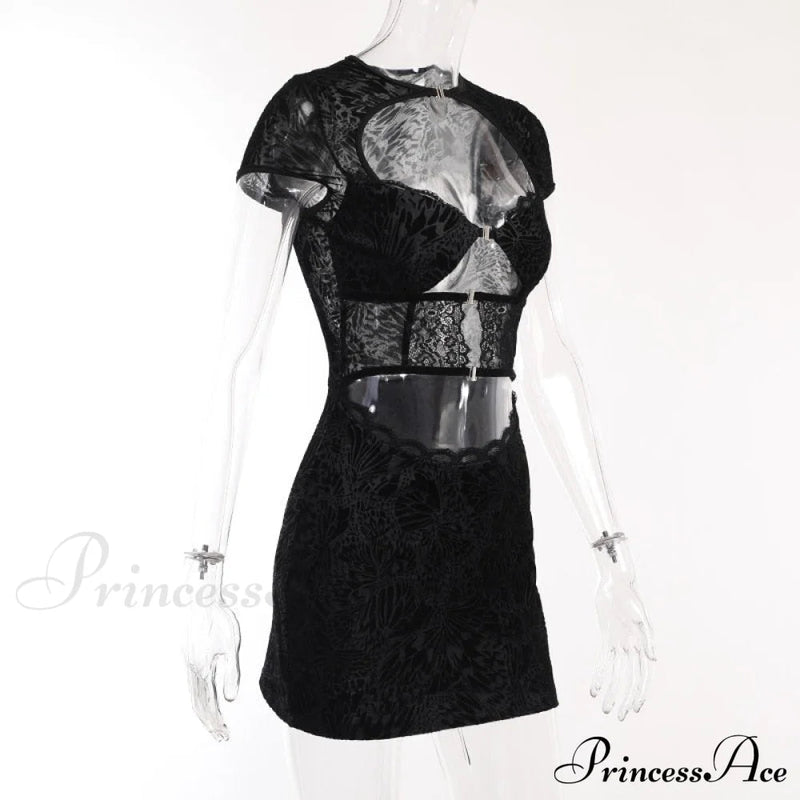 Black Lace Sheer Front Cut Out Design Short Sleeve Mini Dress