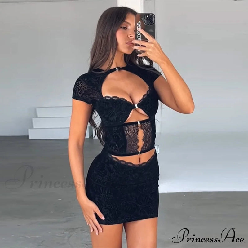 Black Lace Sheer Front Cut Out Design Short Sleeve Mini Dress