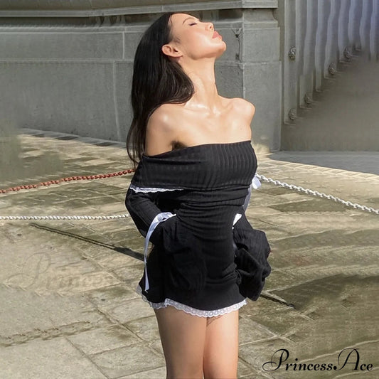 Black Long Sleeve Charming Off-shoulder Bow Mini Dress