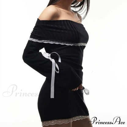 Black Long Sleeve Charming Off-shoulder Bow Mini Dress
