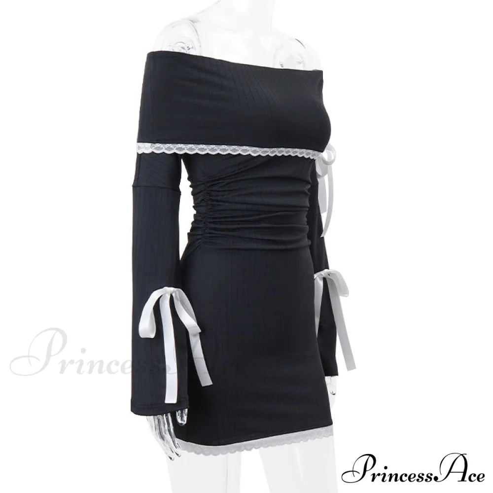 Black Long Sleeve Charming Off-shoulder Bow Mini Dress