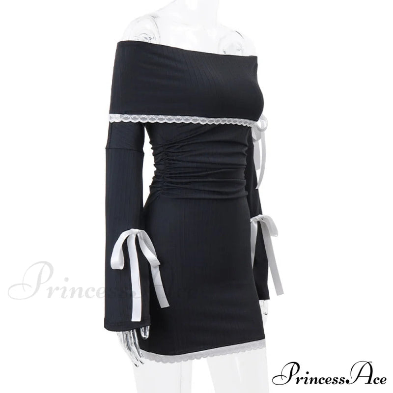 Black Long Sleeve Charming Off-shoulder Bow Mini Dress