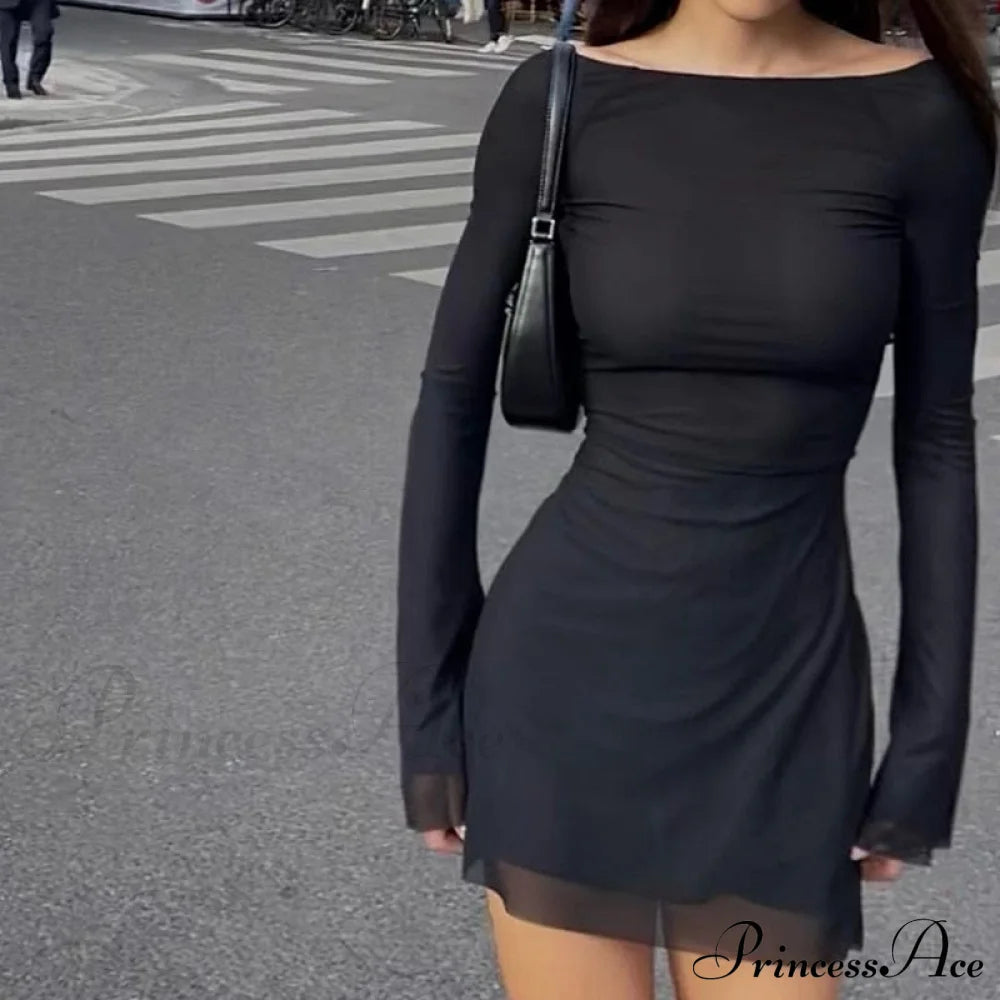 Black Mesh Long Charming Sleeve Backless Mini Dress