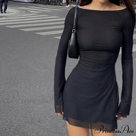 Black Mesh Long Charming Sleeve Backless Mini Dress