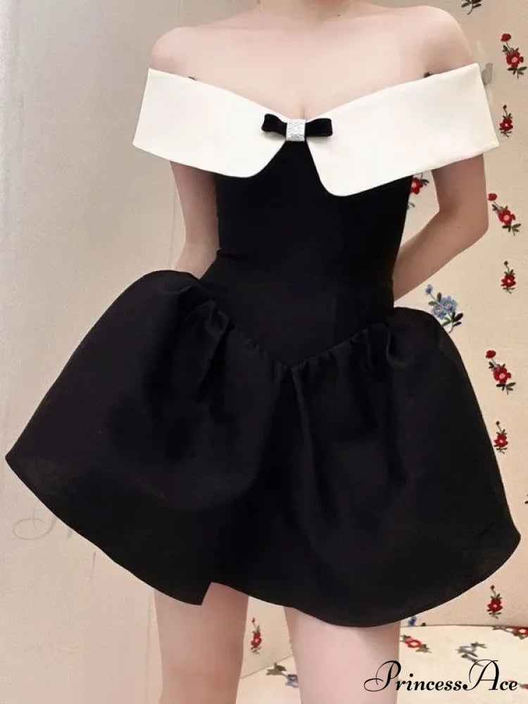 Black Off-shoulder Contrast Charming Collar Mini Dress