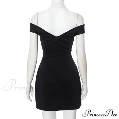 Black Off-shoulder Contrast Charming Halter Buttoned Mini Dress