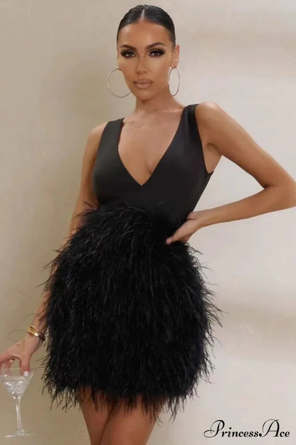 Black Plunge Stylish Front Mini Dress