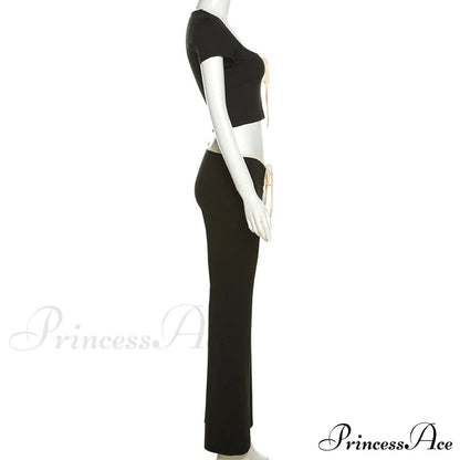 Black Ribbon Tie-up Top Graceful and Pants Two Piece Set