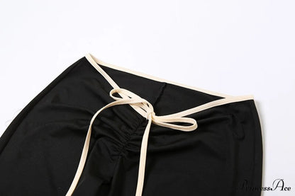 Black Ribbon Tie-up Top Graceful and Pants Two Piece Set