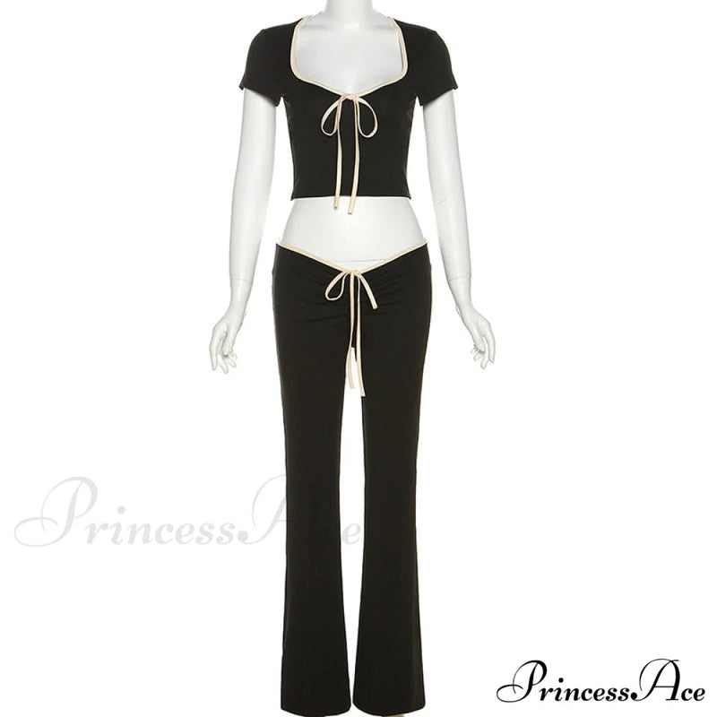 Black Ribbon Tie-up Top Graceful and Pants Two Piece Set