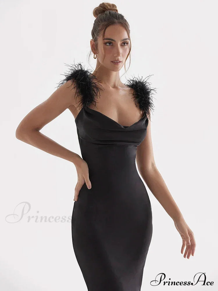 Black Satin Feather Charming Strap Maxi Dress
