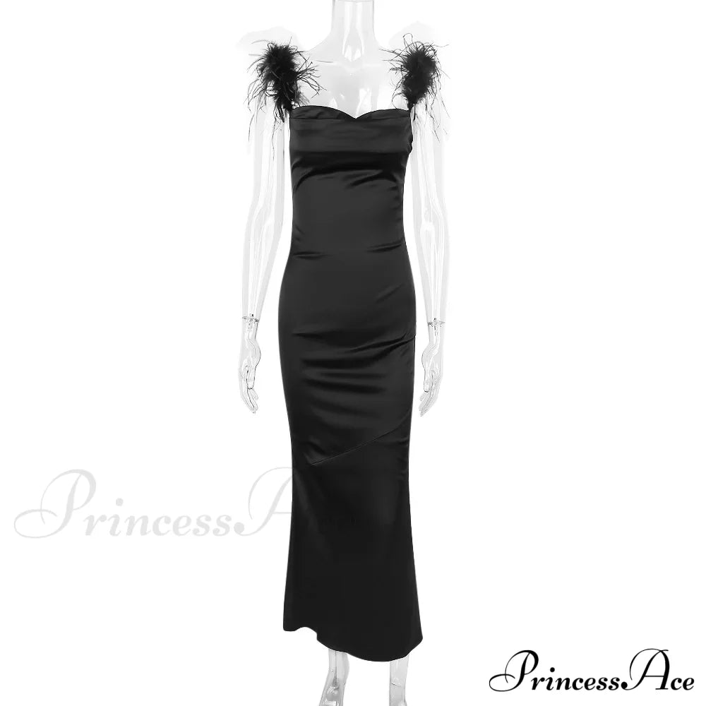 Black Satin Feather Charming Strap Maxi Dress