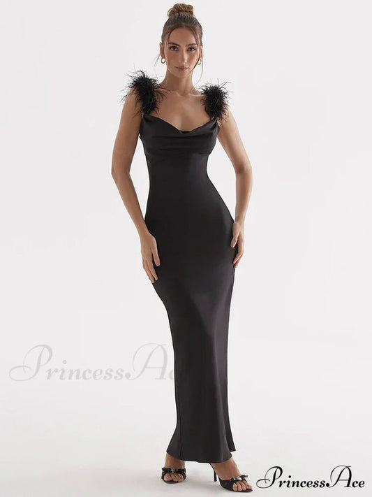 Black Satin Feather Charming Strap Maxi Dress