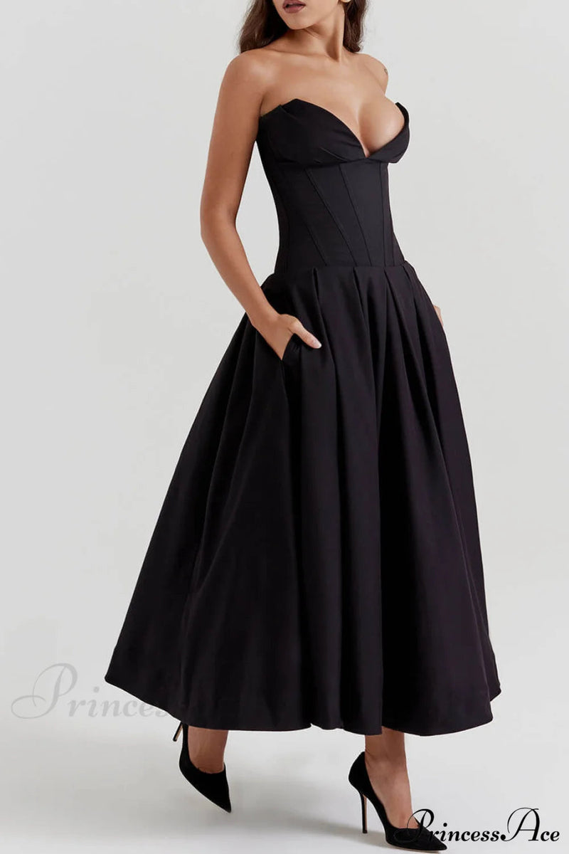 Black Strapless Stylish Midi Dress