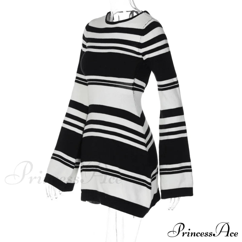 Black Stripe Knit Backless Graceful Long Sleeve Mini Dress