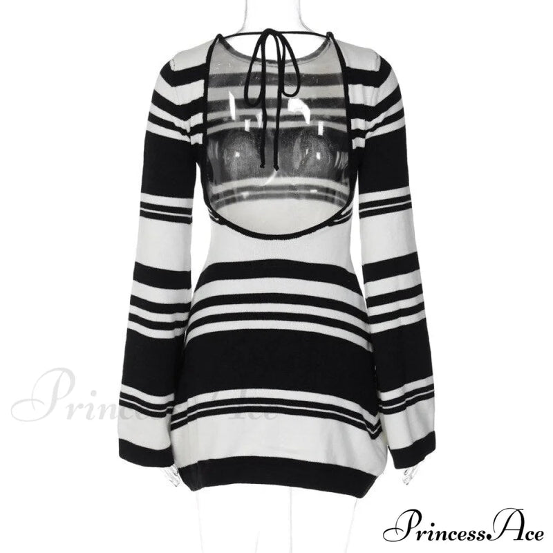 Black Stripe Knit Backless Graceful Long Sleeve Mini Dress