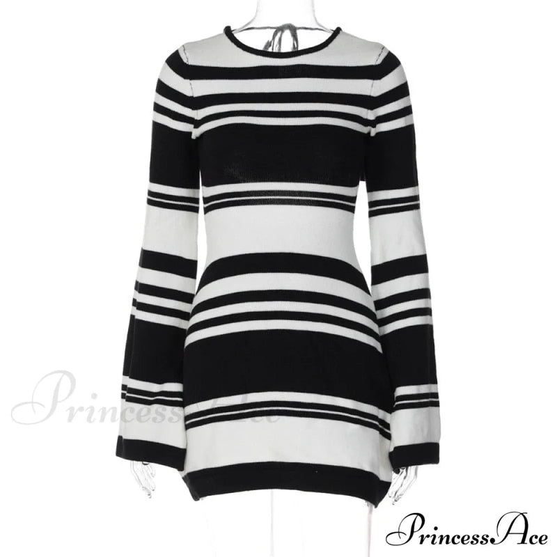 Black Stripe Knit Backless Graceful Long Sleeve Mini Dress