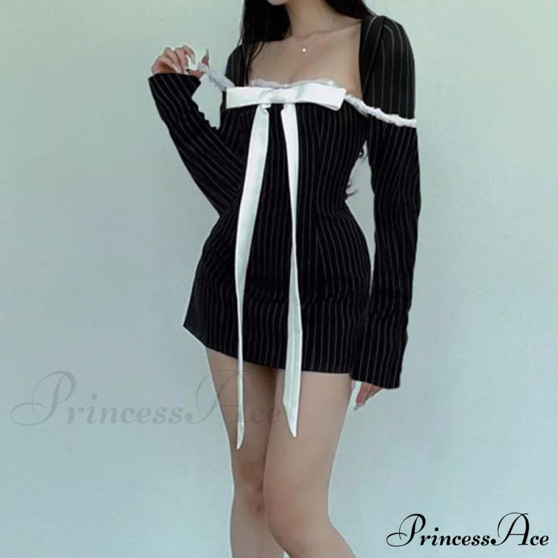 Black Stripe Long Charming Sleeve Bow Mini Dress