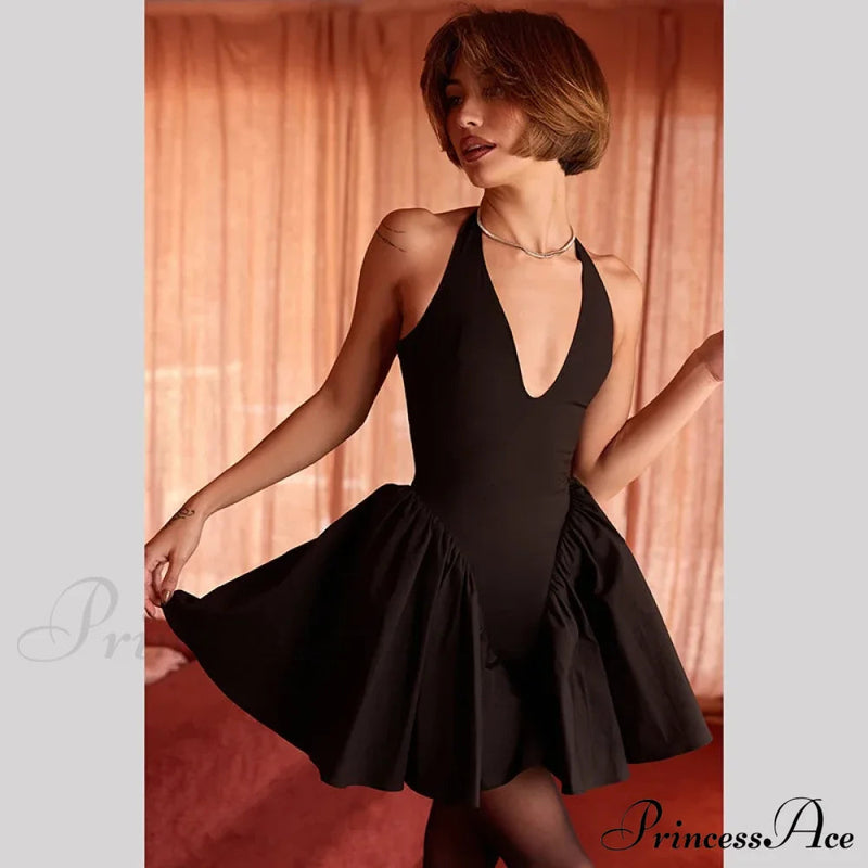 Black V-neck Halter Charming Frill Mini Dress